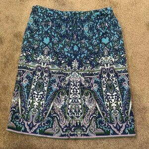 Talbots Pencil Skirt Paisley Print Damask Classic Blue Purple green stretch slit